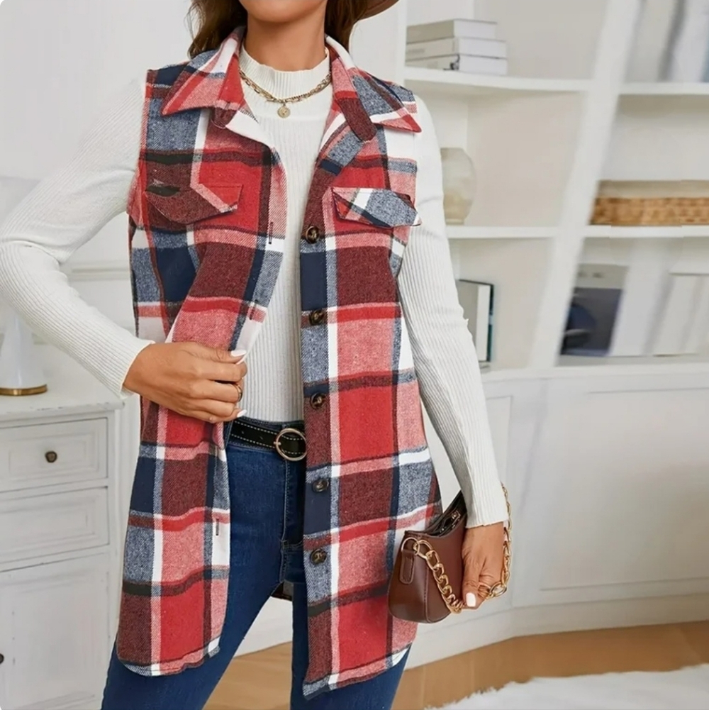 PRECIOUS Plaid Sleeveless Shirt/Vest/Shacket In Red/Blue/White, Sz M Or L - Picture 4 of 11